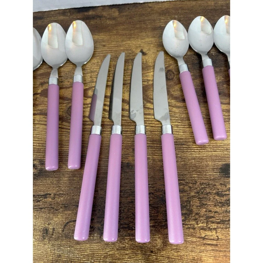 Vintage Style 15Pc Pink Flatware Set 1810 Stainless Steel Retro Mauve Handle Set